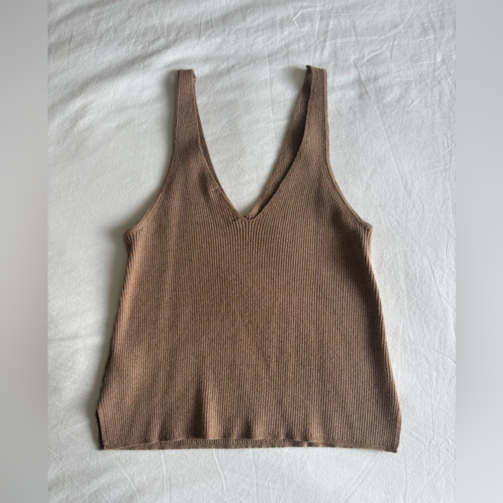 Black Tape_ Ribbed V-Neck Knit Tank Top - Tan - Picture 2 of 3